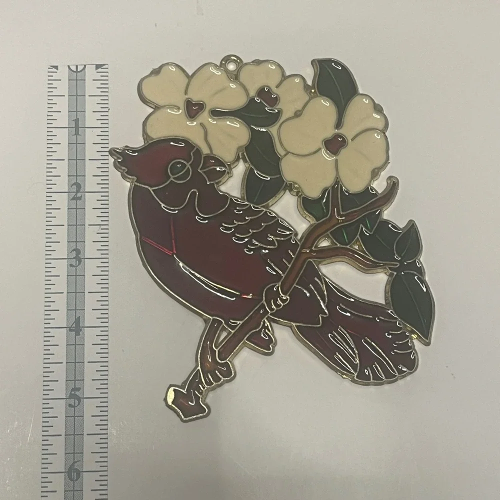 Stained Glass Cardinal Bird Ornament with Flowers Metal‎ Suncatcher